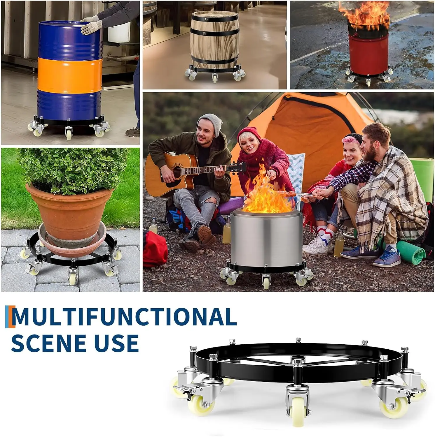 Rouleau pour fûts de 55 gallons, 1000 kg 360 °   Frein à rouleaux de direction rotatifs |   Structure en acier robuste avec freins croisés, 4 rouleaux de direction, chariot roulant anti-basculement idéal pour les ateliers et l'industrie des entrepôts.