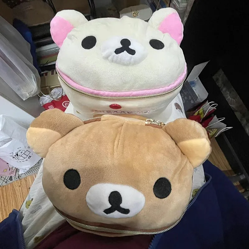 2025 New Kawaii Cute Rilakkuma Wash Bag Plush Oval Three-Dimensional Makeup Bag Portable Storage Bag Cartoon Girls Birthday Gift