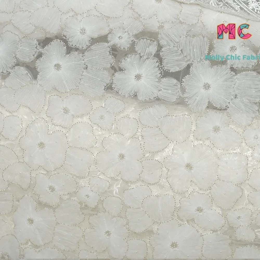 Flower 3D Nail Bead Embroidery Lace Breathable Fabric Sewing Wedding Dress Evening Dress Adult Dress Fabrics For Sewing