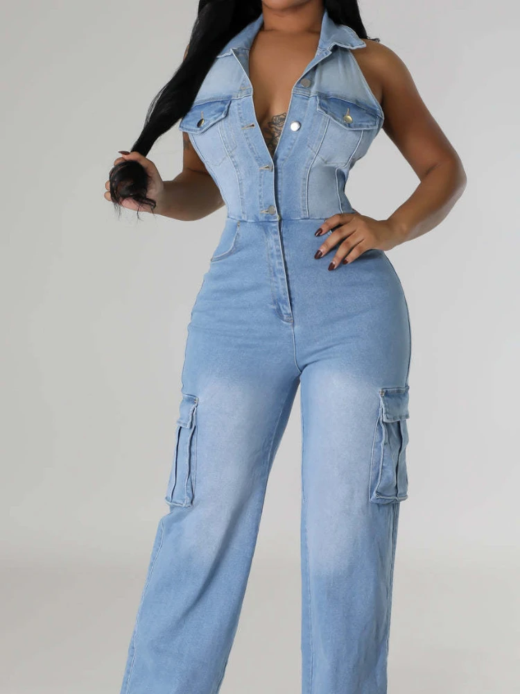 Jumpsuits Women One Piece Denim Turn Down Collar Sleeveless Overalls Slim Fit Wide Leg Long Pants Casual Splice Backless Rompers