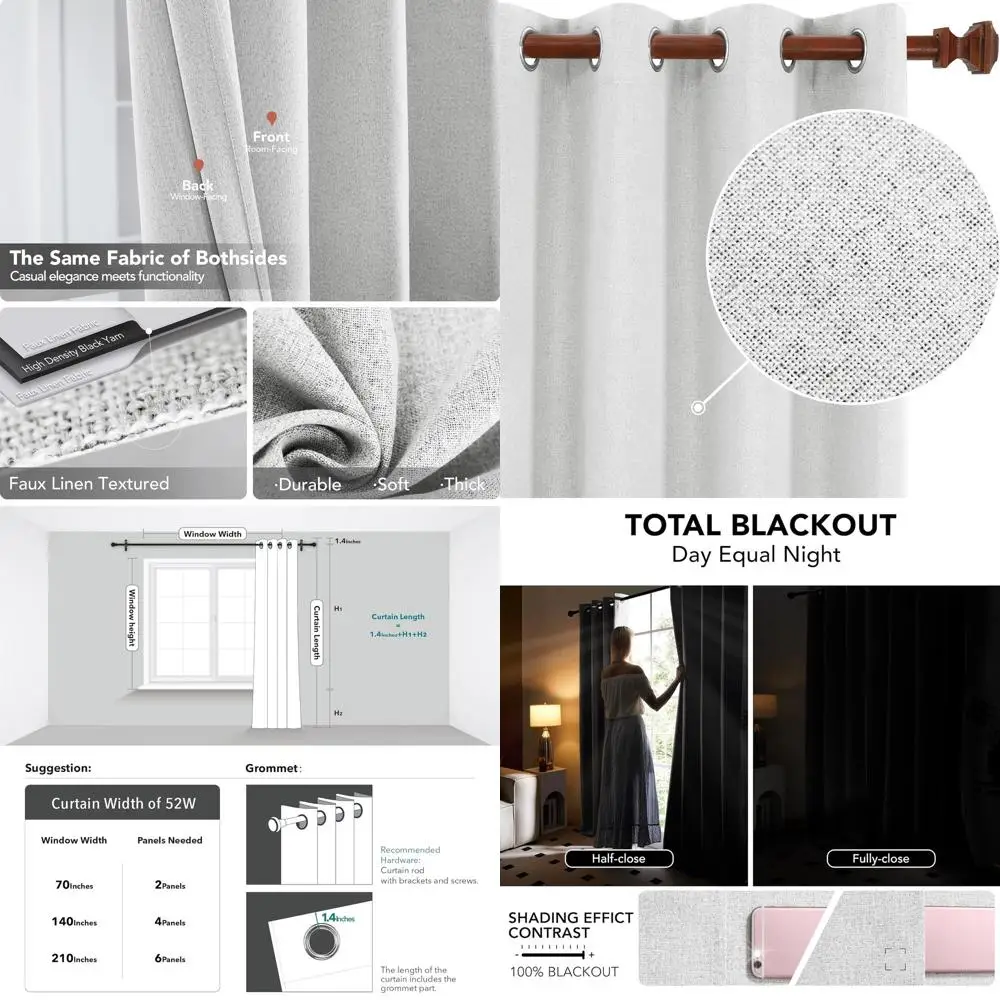 

Льняные затемняющие шторы с втулками для спален, гостиных, детских комнат — серовато-белый, 2 панели, 52 Вт x 63 л