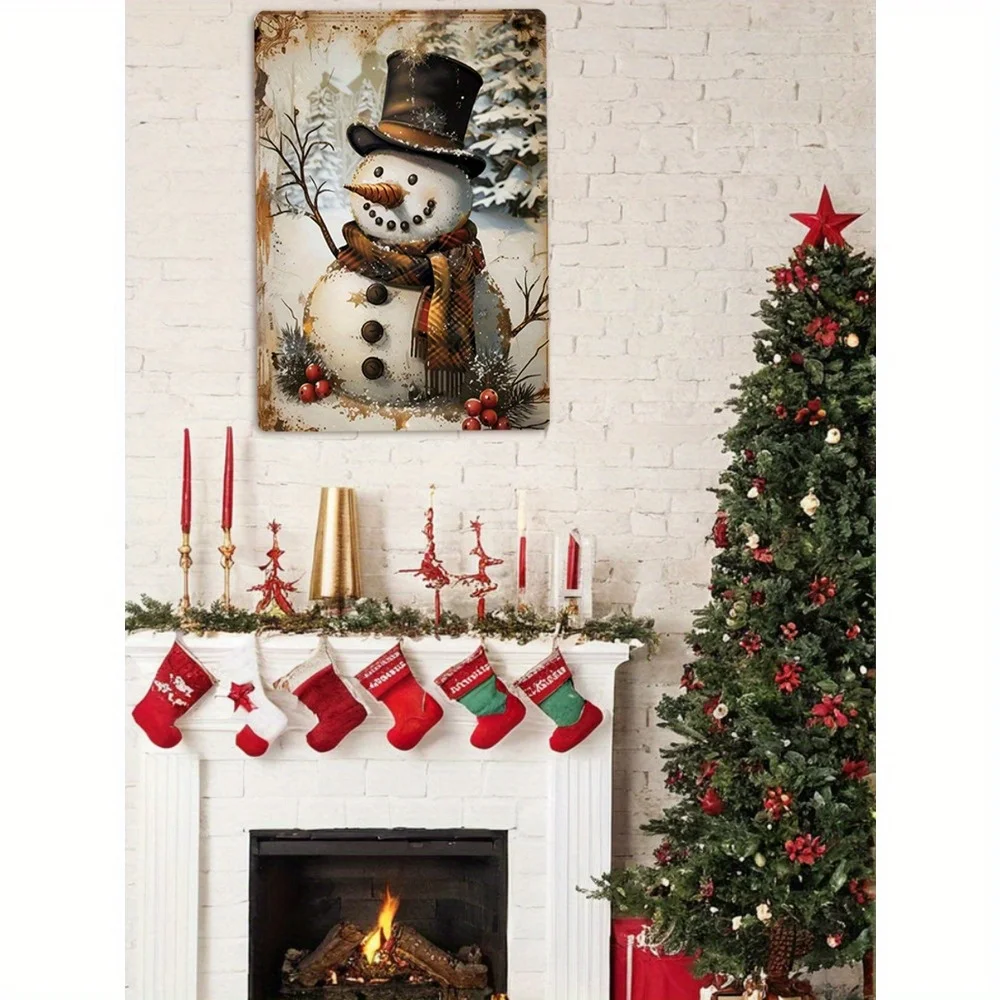 Christmas Snowman Tin Painting Suitable for Home Restaurant Bar Coffee Shop Wall Decor - Vintage Style Seasonal Sign 8x12inch