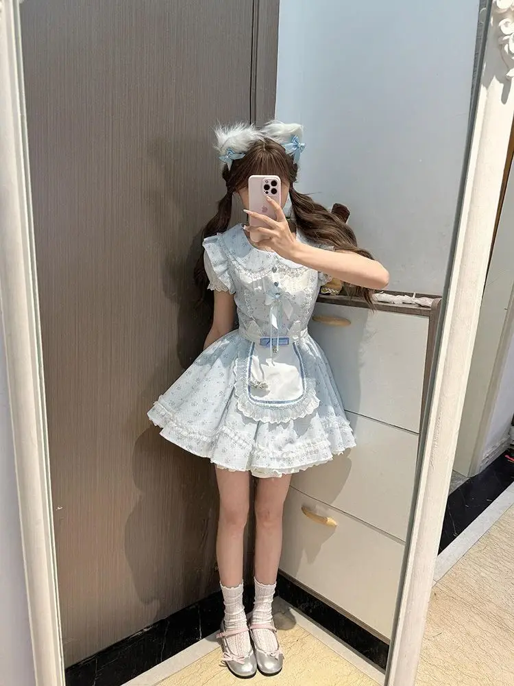 

SOIOMES College Lolita sweet bow tie-dye floral doll dress paired with apron set