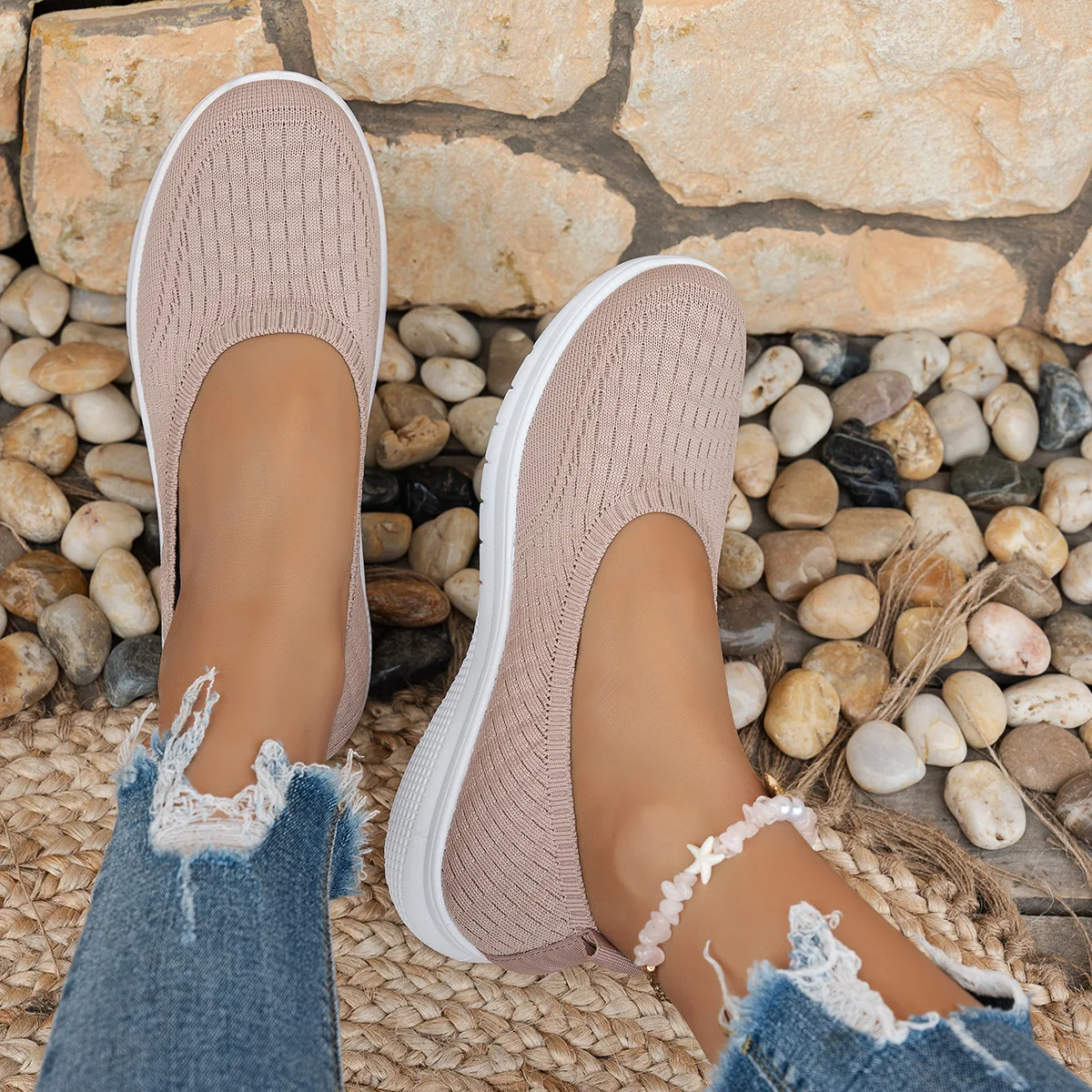 Hohlstrick-Slip-On-Keilsneaker für Damen, atmungsaktiv, rutschfest, weiche Kissensohle, für den täglichen Gebrauch, lässige Mutter-Schuhe – Detail 6