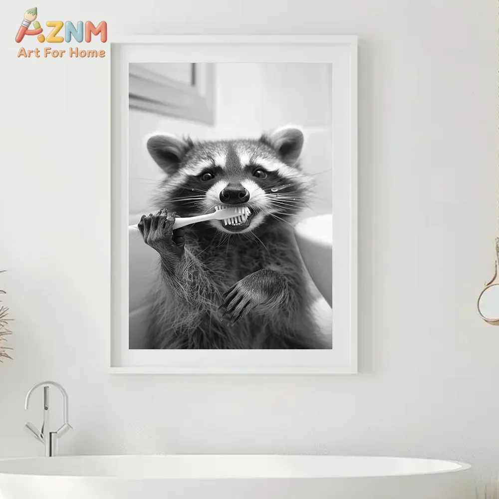 AZNM Black White Funny Animal Canvas Wall Art Wolf Raccoon Hedgehog Rat Beaver Bath Bubble Print Unframed Canvas Minimalist Bath