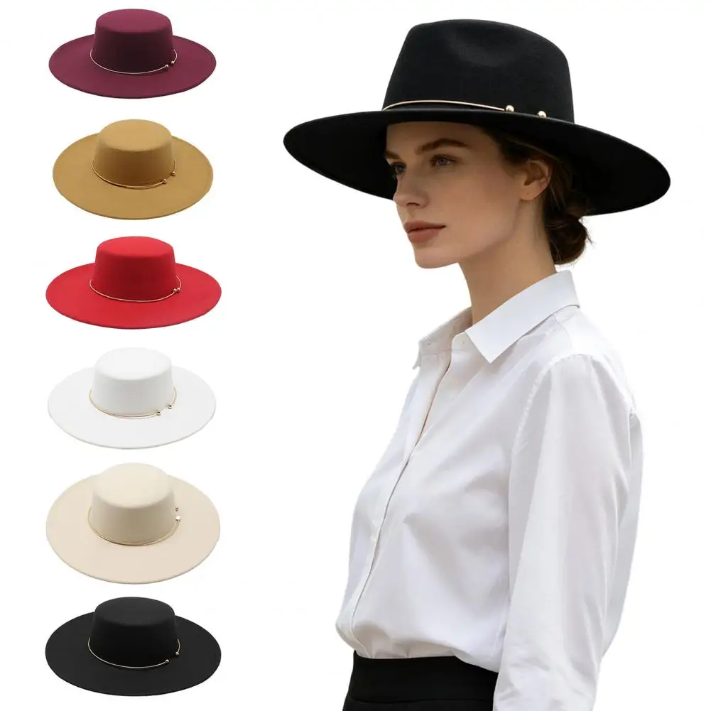 Brim Fashion Accessories Retro Wool Felt Pork Pie Hat Wide Brim Bowler Hat with Metal Ring Classic Black Fedora Hat for Women