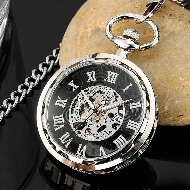 Antique Style Clock Open Face Men's Hand Winding Mechanical Pocket Watch Roman Number Skeleton Display Fob Pendant Chain Reloj