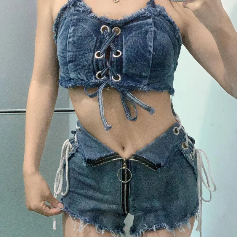 المرأة الدنيم السراويل + الدنيم حزام البنطال القصير مجموعة DJ الجاز الرقص DS أداء المرحلة زي مثير شورت جينز عرض نمط فريد
