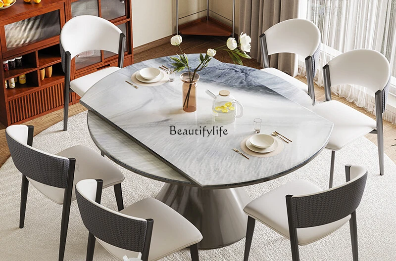 Natural microcrystalline stone retractable round dining table high-end marble high-end Italian light luxury