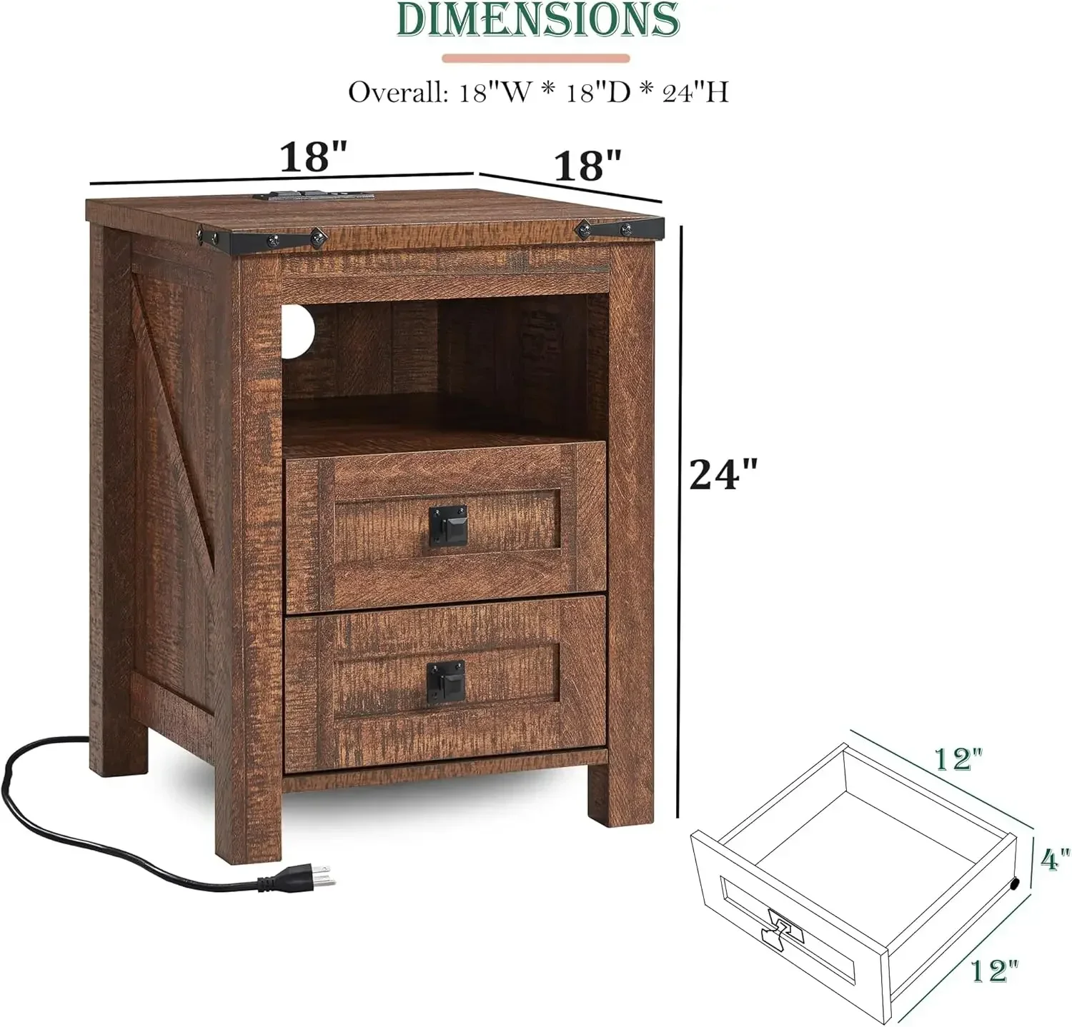 Farmhouse Nightstand with Charging Station, Rustic 18 Inch End Table with 2 Storage Drawers and Open Shelf,Wood Sofa Side Table