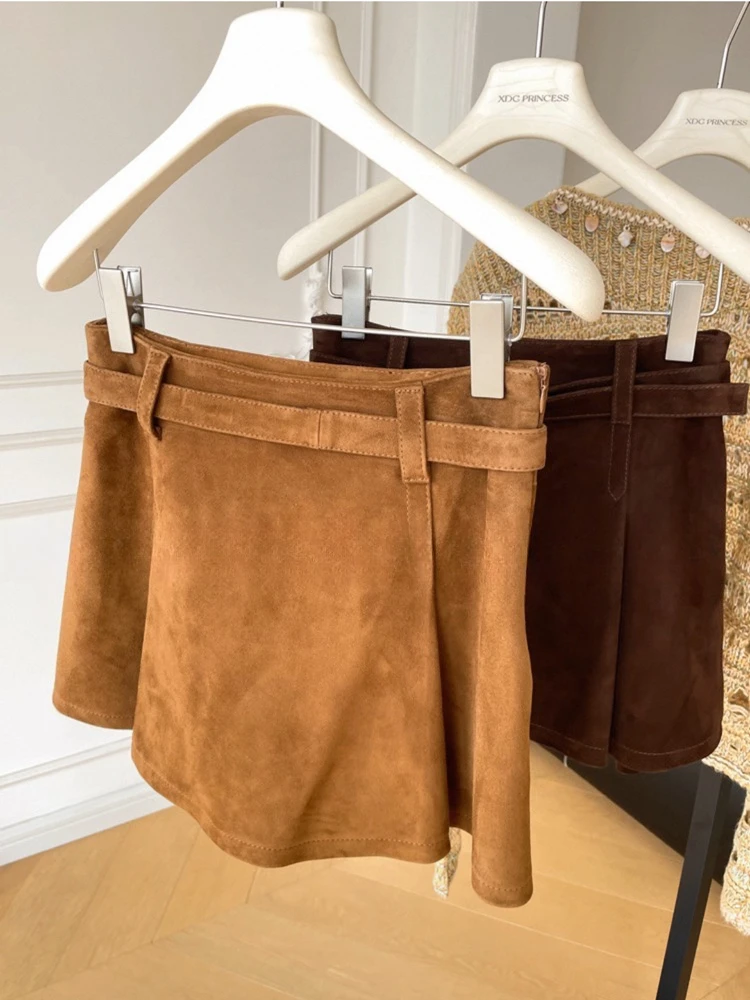 Vintage Kid Suede Leather Pleated Skirt Woman Female 100% Sheepskin Retro Brown Mini Saia with Waistband A-line Cute