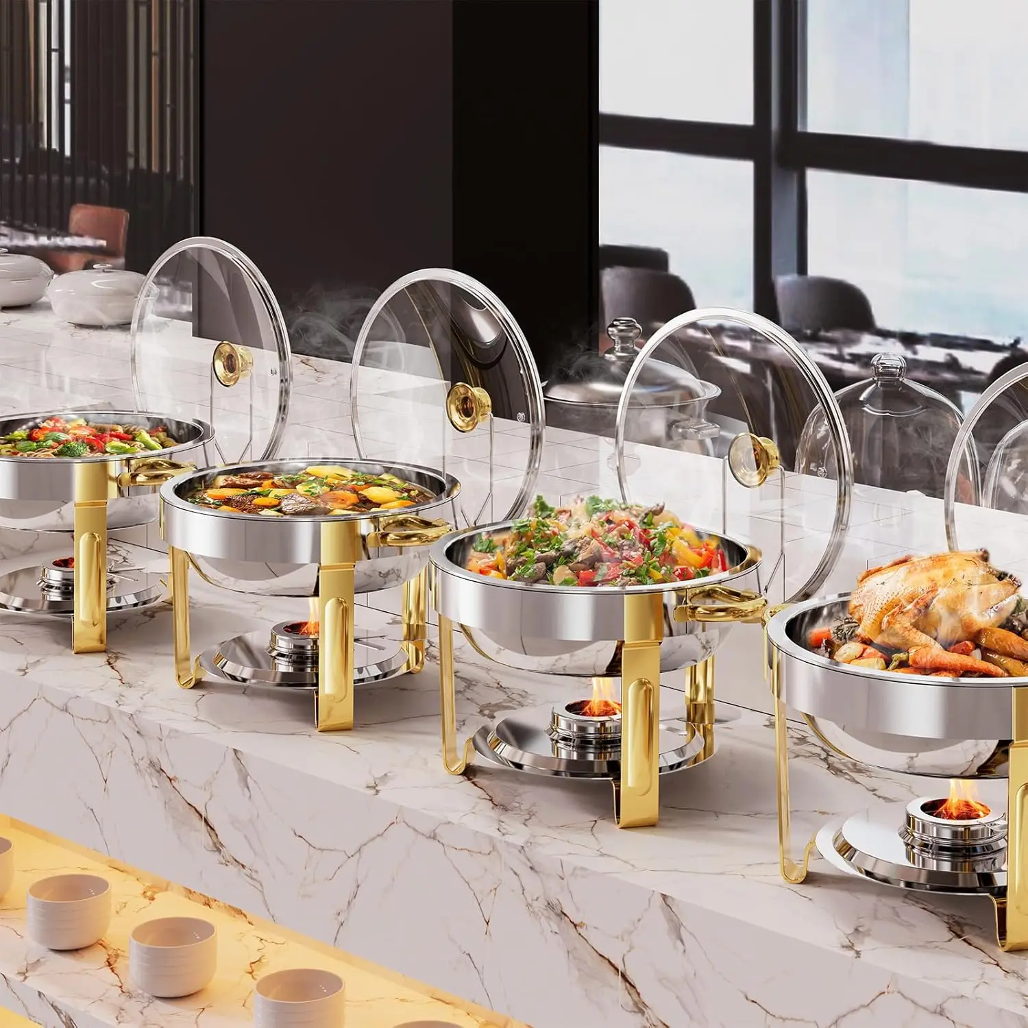 Luxury Sustainable Stainless Steel Chafing Dish Buffet Set Gold Silver Food Warmer Utensils for Catering