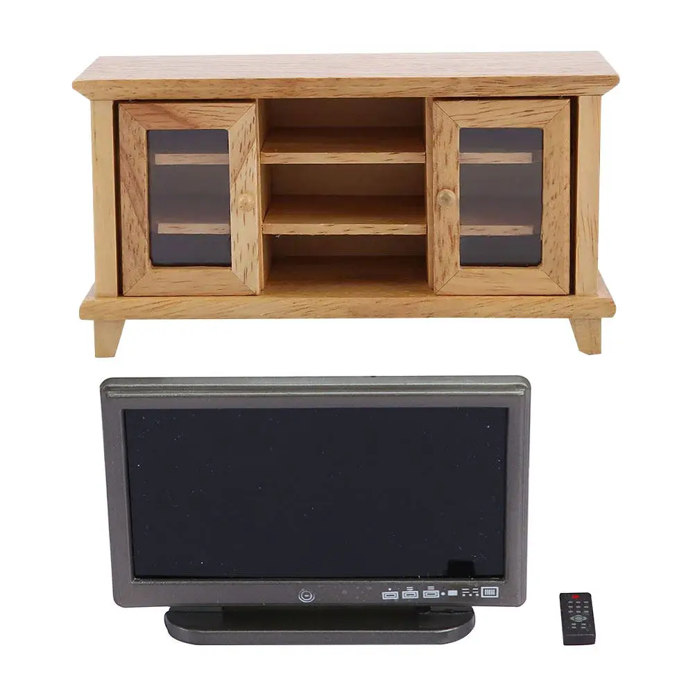 

1Set Wooden Mini House TV Cabinet Ornament Stylish Small House Decor Realistic Workmanship Desktop Bedroom Decoration Miniature