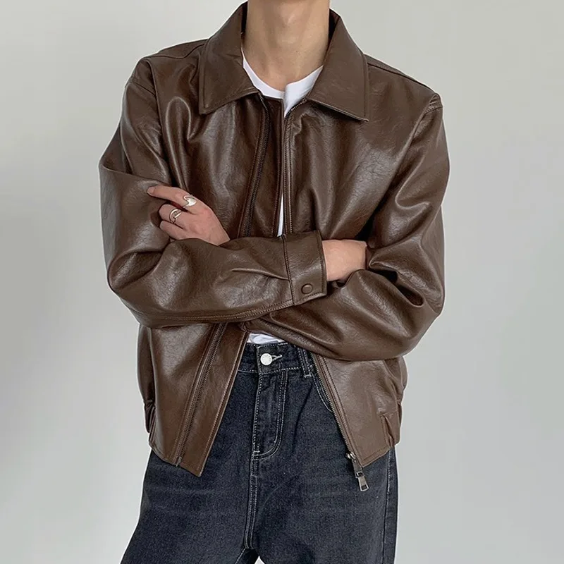 

High Street PU Leather Jackets Men Vintage Motorcycle Fur Tops Clothing Spring Autumn Fashion Loose Zip-up Long Sleeve PU Coat