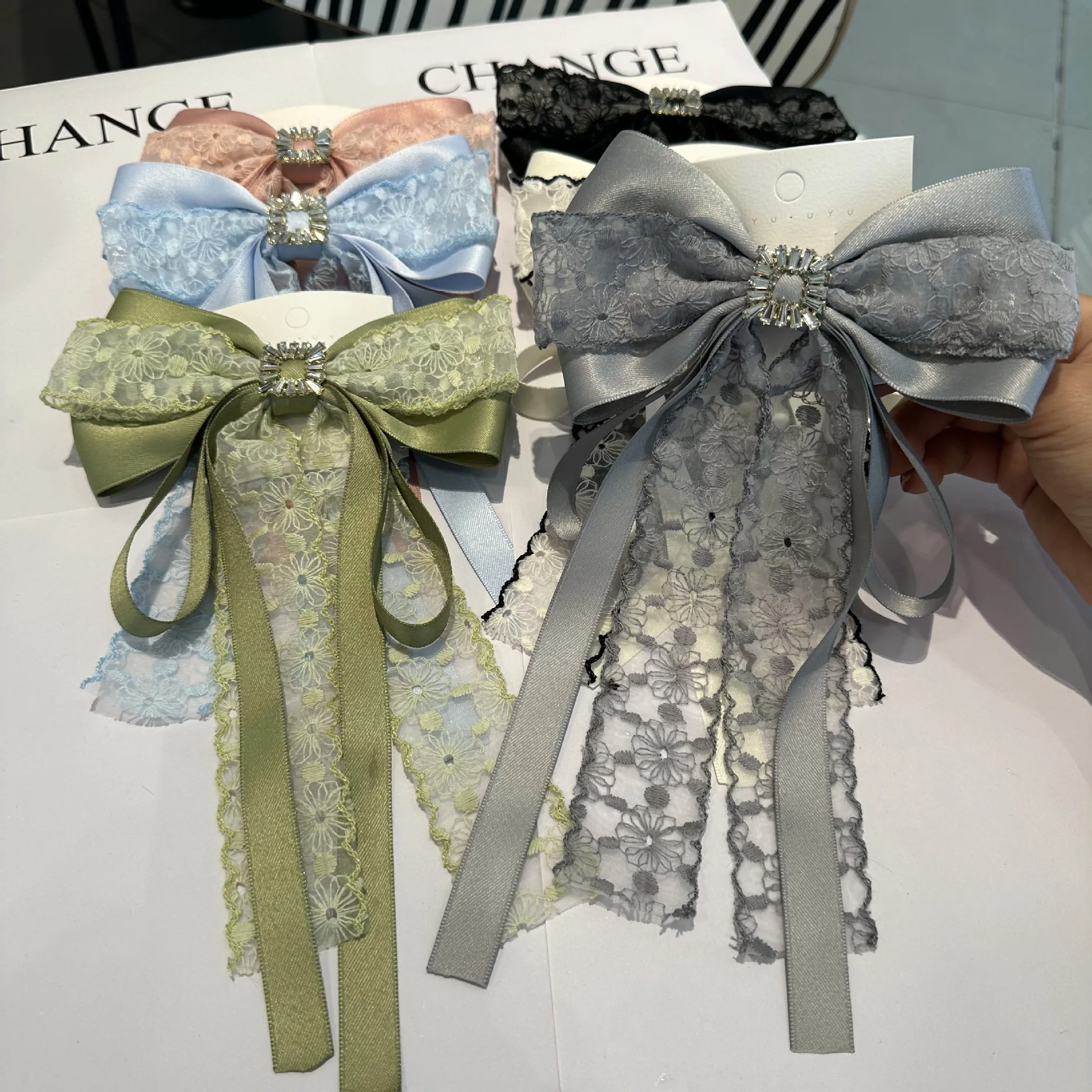 

French Elegant Ribbon Lace Bow Spring Clip with Square Rhinestone Tassel - Sophisticated Women's Hair Accessories