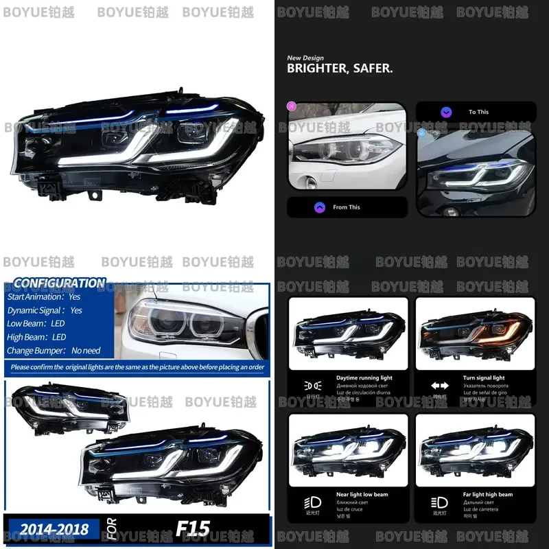 Suitable for 14-18 BMW X5 Headlight Assembly F15 Modified LED Lens Thunder Edition Daytime Running Light Turn Sig