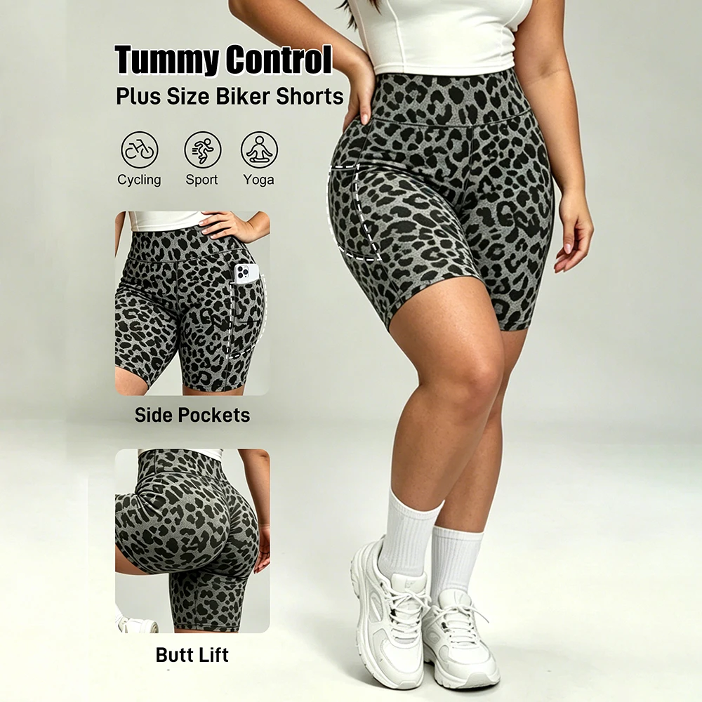 Plus Biker Shorts for WomenHigh Waist Tummy Control Summer Workout Shorts for Running Yoga Athletic Leopard Print Shorts