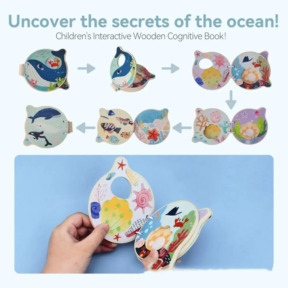 Marine Animals Illustration Montessori Baby Book Home Educational Early Learning Wooden Boo Durable Construction Wooden Material