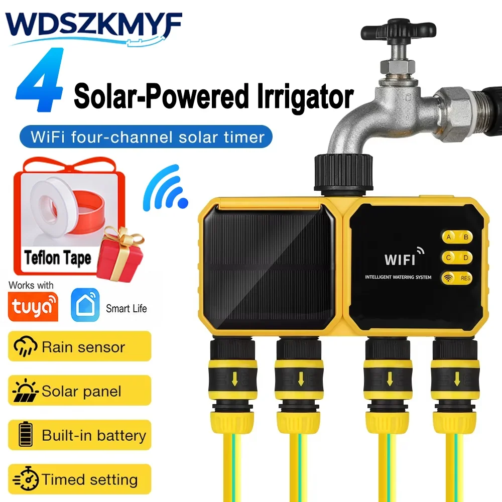 Solar WiFi Smart Irrigation Timer 2/4 Outlets Smart Life APP Remote Control Programmable Automatic Water Timer with Rain Sensor
