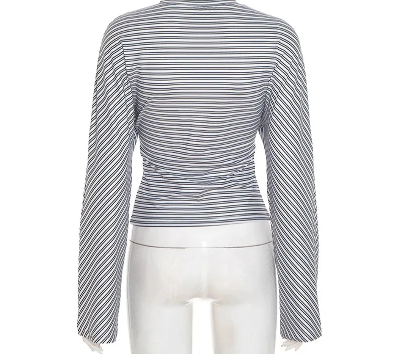 تي شيرت الخريف الشتاء مخطط كم طويل ملابس النساء عادية س الرقبة نحيل البلوز القمم موضة الشارع الشهير المحاصيل تي شيرت #6