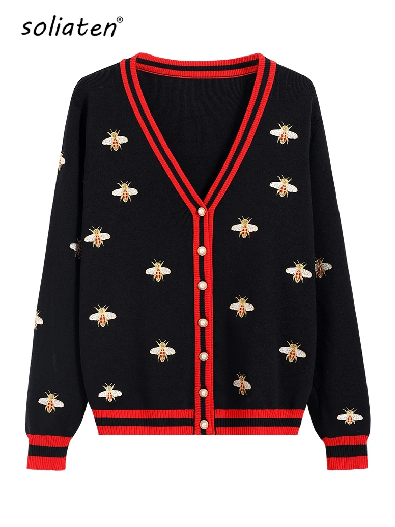 High Quality Fashion Designer Bee Embroidery Cardigan Single Breasted Contrast Color Knitted Sweaters Outwear C-068