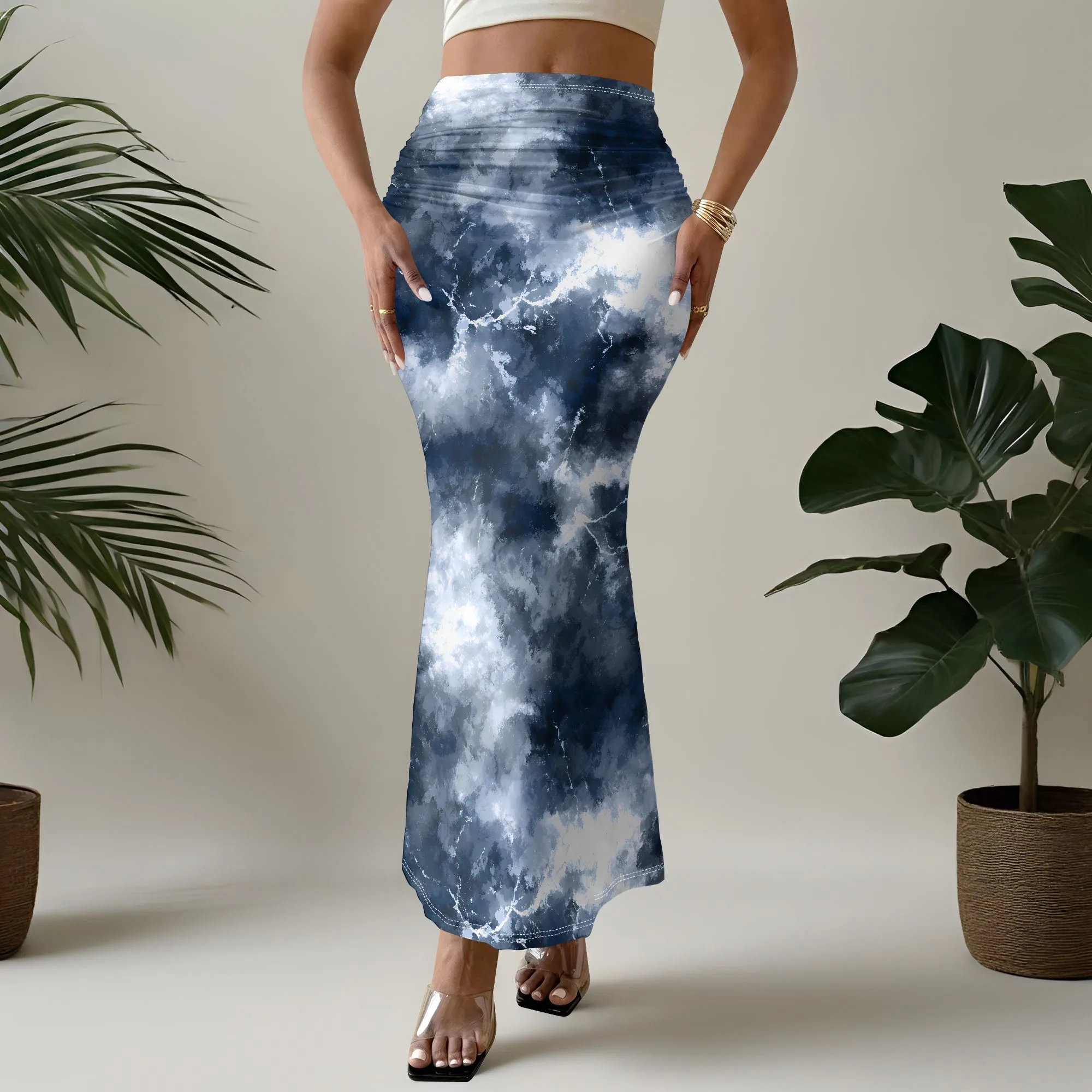 Cloud Print Mermaid Skirt Stormy Sky Pattern Bodycon Midi Skirt High Waist Stretch Pencil Skirt for Women Casual Party Wear