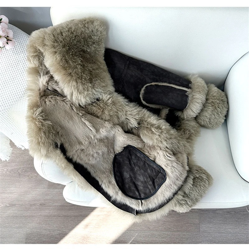 2023 Winter New Lamb Wool Fur Coat Female Rabbit Hair Warm Jacket Genuine Wool Collar Short Jacket JT445