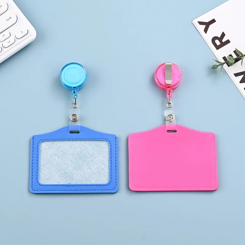 تقليد الجلود قابل للسحب شارة بكرة غطاء بطاقة الهوية رجل امرأة بولي Leather جلد شفاف حاملي البطاقات العمودية الأفقية #3