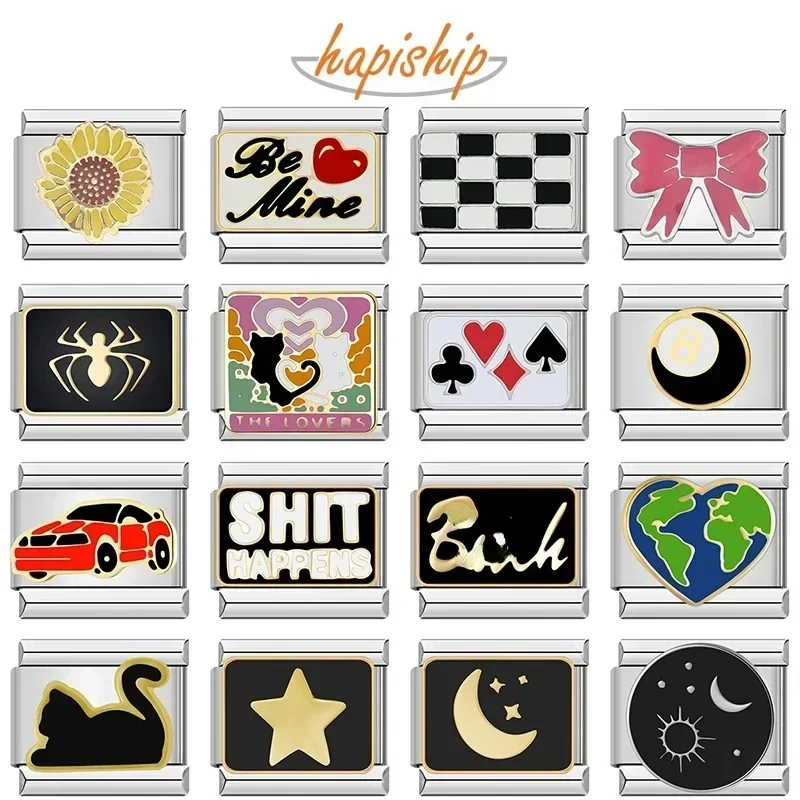 2024 Moda Eslabones de Charm Italiano de Acero Inoxidable con Diseños de Araña, Estrella, Luna, Amor y Búho, Compatibles con Pulseras de 9mm, para Fabricación de Joyas DJ003-346