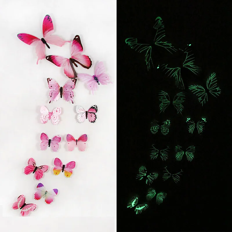 12 autocollants papillons lumineux 3D pour mariage, fête, décoration intérieure, art DIY, simulation de papillon, autocollant mural