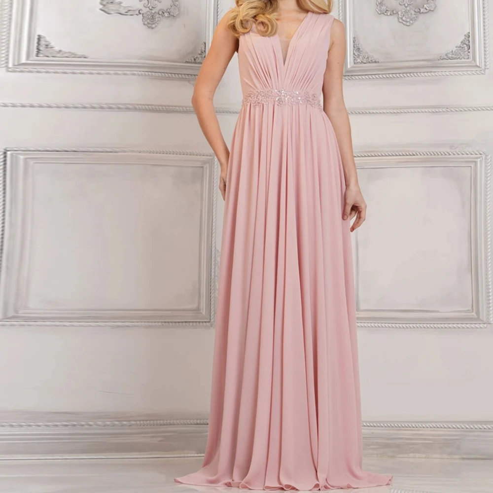 

Saudi Arabia Evening Gowns V-Neck Sweep Train Floor Length Solid Color Zipper Back Sleeveless Pleats Straight Prom Gowns