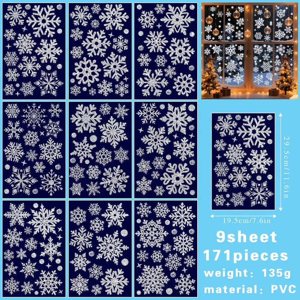 Christmas window stickers featuring 9 gold and silver snowflake static cling decals for holiday home or office decoration