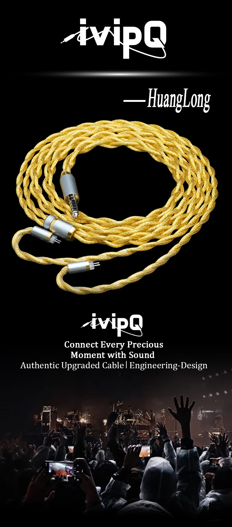 IvipQ-05 Huang Long 22AWG 8N OCC+8N OCC vergoldeter, abgeschirmter In-Ear-IEM-Kabel mit rhodiumbeschichtetem 4,4 mm/0,78 mm 2-Pin-Audiokabel – Detail 2