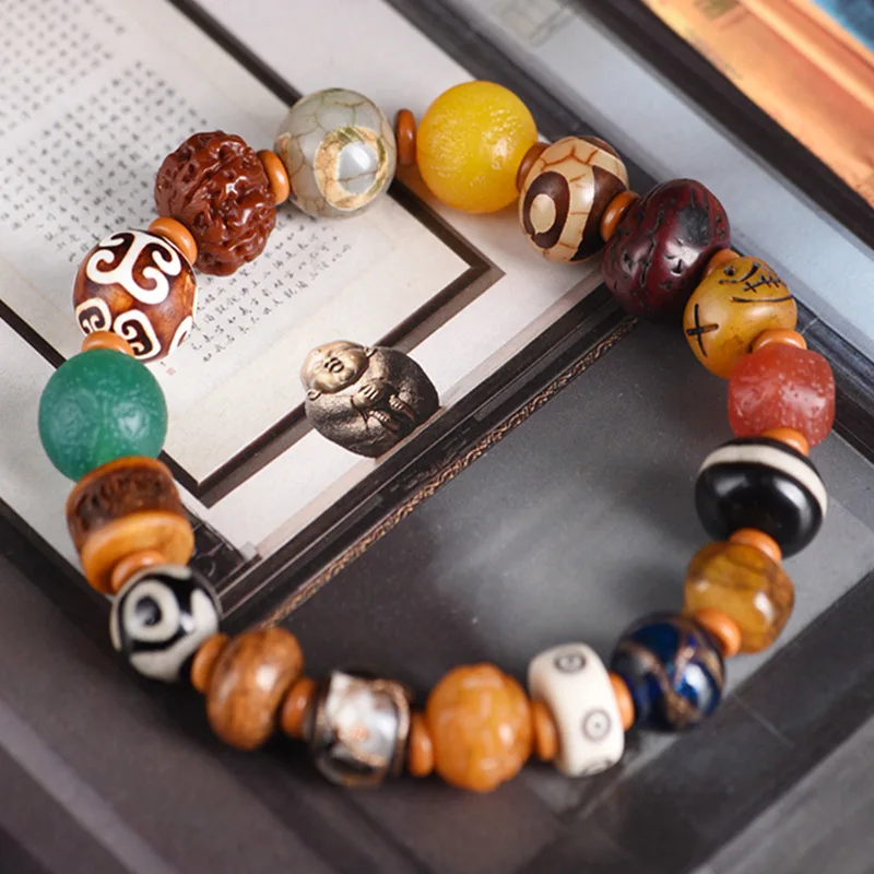 

Agat Trasur Eightn Sd Buddha Litrary Play Prayr Bad Braclt Tibtan Styl Buckt Old Matrial Handmad Wooden jewelry