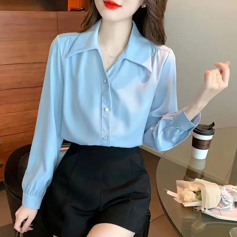 Camisas de manga larga de gasa para mujer, Tops abotonados de gran tamaño, dobladillo plisado, mangas acampanadas, corte ajustado, estilo Preppy femenino, Retro francés