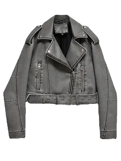 Kobiety Jesień Zima Luźne Szare PU Faux Leather Krótkie Kurtki Pasek Kobiety High Street Zipper Retro Moto Biker Płaszcze Odzież wierzchnia XS-XL