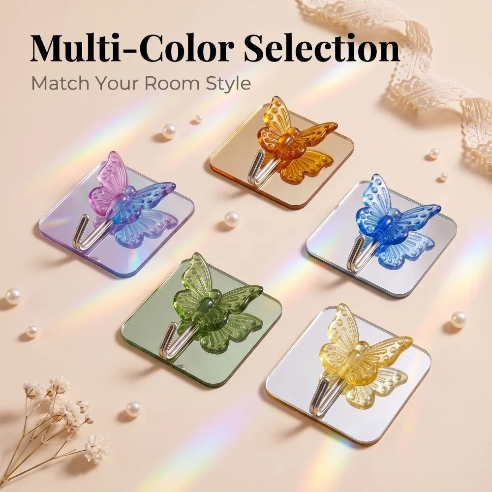 2PCS Self Adhesive Crystal Glass Butterfly Hooks Waterproof Decorative Butterfly Adhesive Hooks with Mirror Wall Hooks Bathroom