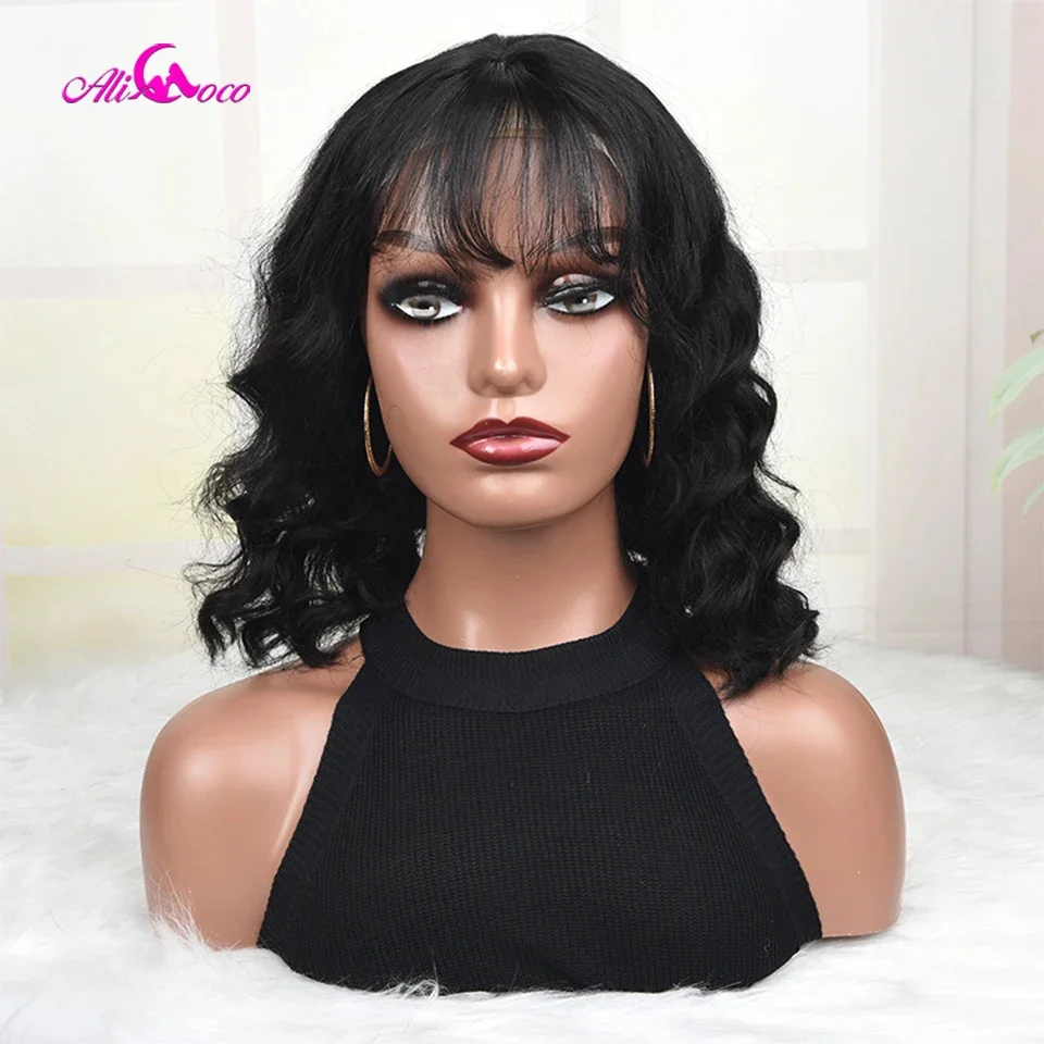 180 Density Short Bob Wigs With Bangs 4x1 Lace Top Scalp Long Wavy Fringe Wig Brazilian Human Hair Bang Wigs For Women