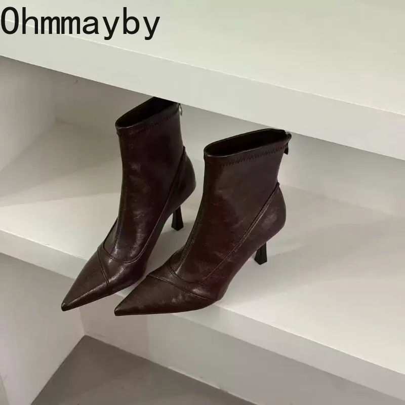 Winter Vintage Thick Heel Women Ankle Boots Elegant Pointed Toe Soft Leather Shoes Street Style Banquet Party Short Botas Mujer