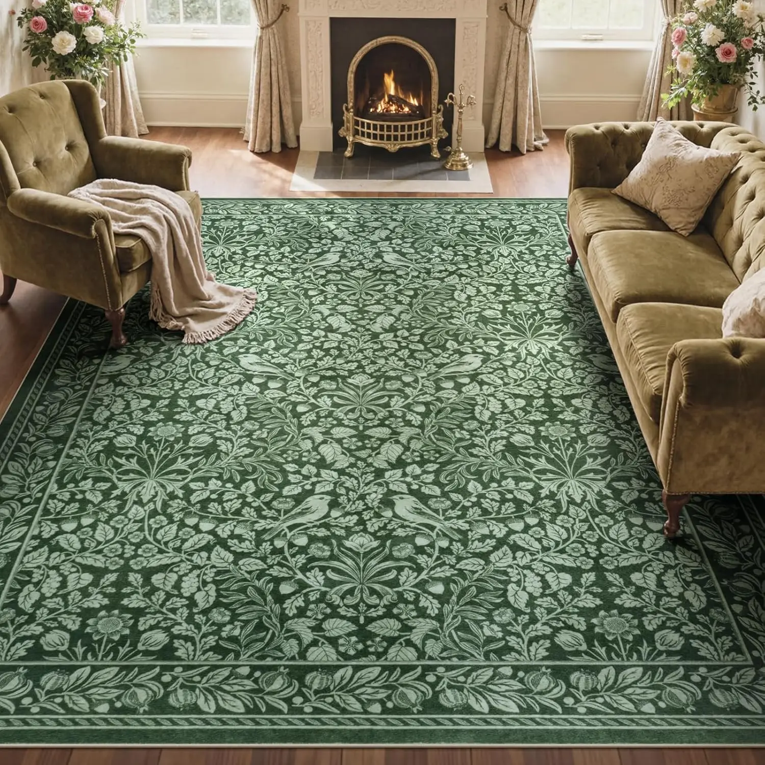 Green Area Rugs for Living Room, Vintage Floral Non-Slip Washable Rugs, Farmhouse Botanical Birds Nature Pattern Large Area