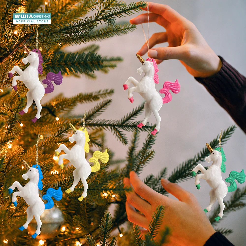 5pcs Christmas Tree Hanging Pendants Pegasus Unicorn Oranments Artificial Doll Model Statue for New Year Home Party Gift Navidad