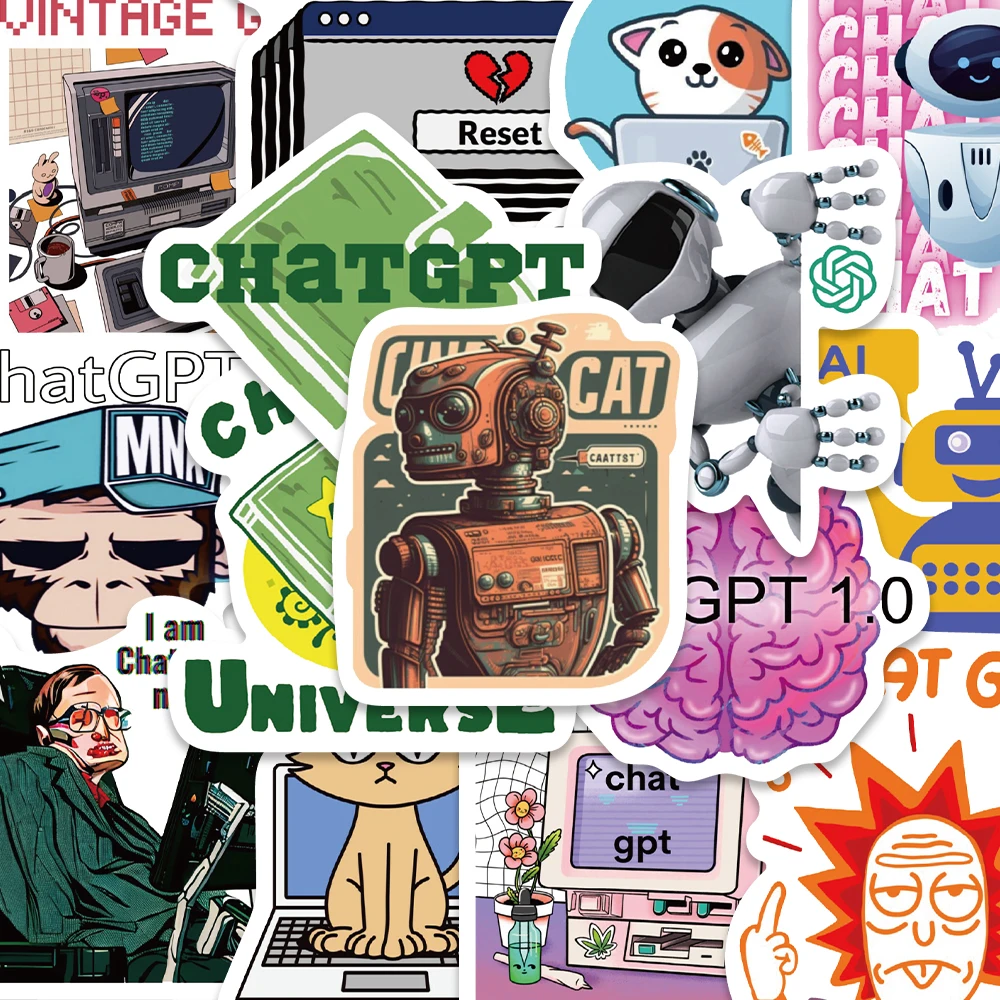 60pcs Cool Chat Gpt Stickers Funny Cartoon Robot DIY Scrapbook Journal Guitar Luggage Fridge Skateboard Stickers For Students
