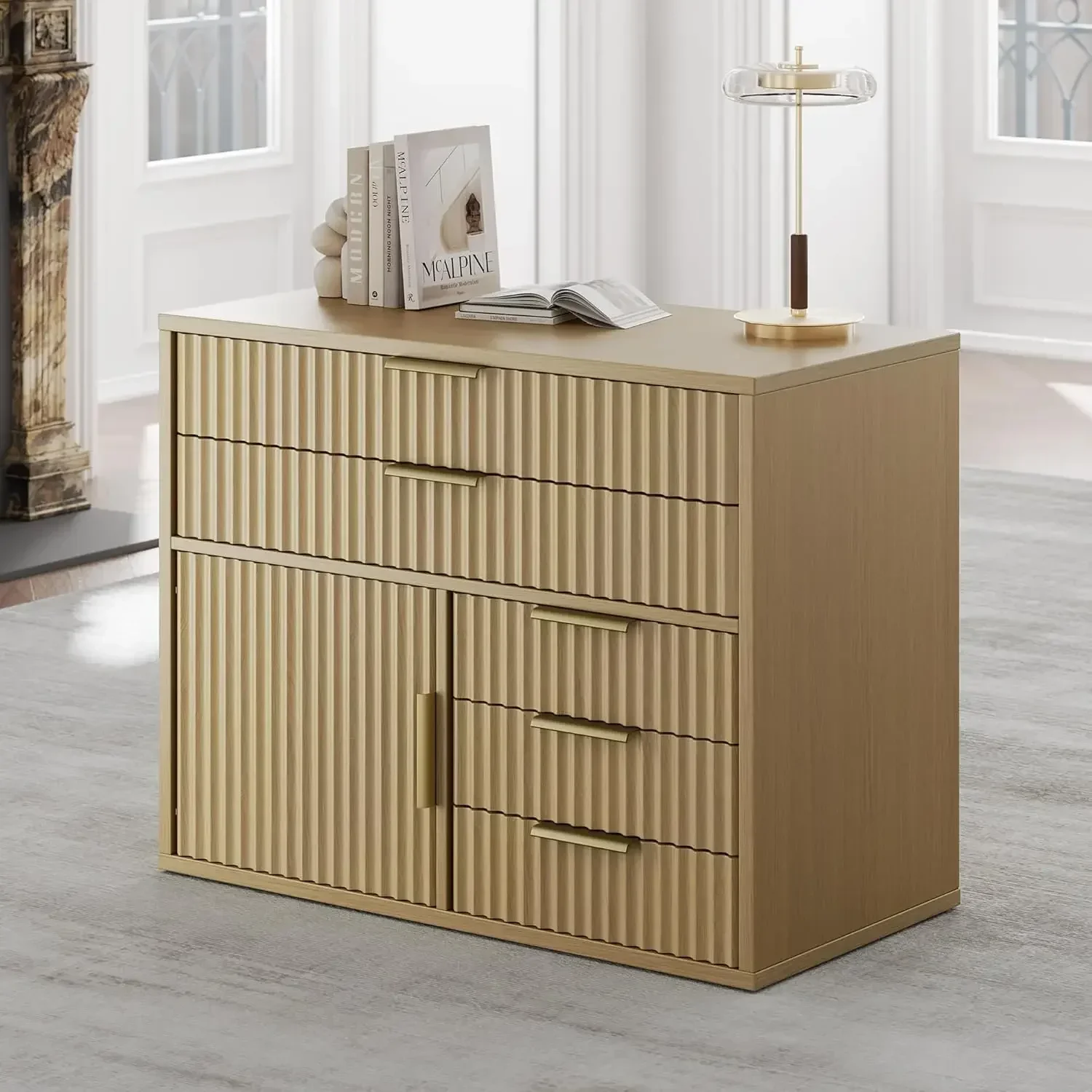 Fluted File Cabinet with 5 Drawers, Large Storage with Cabinet Door, Mobile Filing Cabinet with Locable Wheels for Home Office,