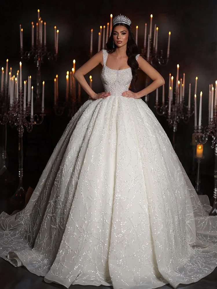 Glitter trouwjurk organza met borduurwerk kraal baljurk vierkante kraag mouwloze bruid vetersluiting vestido de novia aangepast