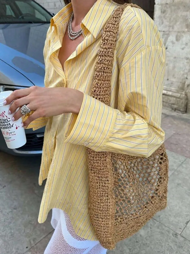 Hh 2025 elegante feminino amarelo listrado solto camisa feminina lapela mangas compridas botões blusas longas verão praia estilo topos