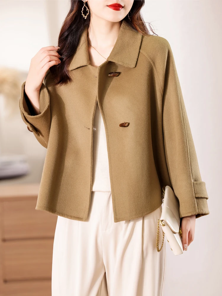 100% Merino Pure Wool Handmade Double-Sided Cloth Chic Coat Women's Short Oxhorn Button Heavy Coat High Street Elegant Top