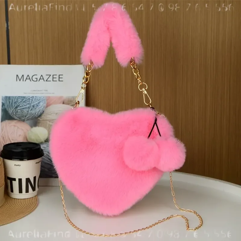 Autumn Winter New Fashion Versatile Plush Heart Shoulder Bag for Women Cute Soft Fuzzy Crossbody Handbag Casual Daily Use