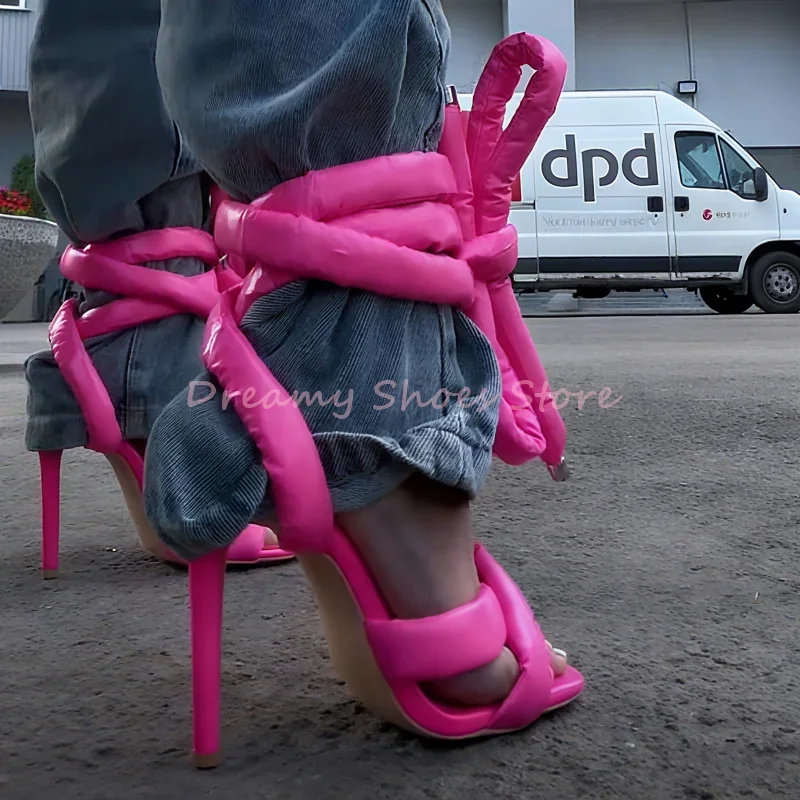 

Pink Lace Up Square Toe Stiletto Sandals Women Oversized Shoelaces Cross-Tied Slingback High Heels Sexy Fashion Party Club Shoes