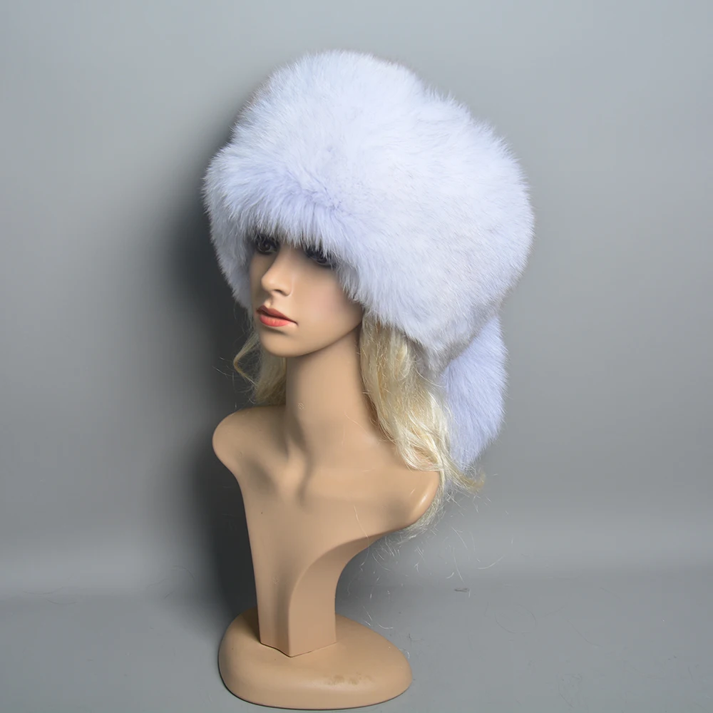 real fox fur hats for women winter fashionable stylish Russian thick warm beanie hat natural fluffy fur hat with tail