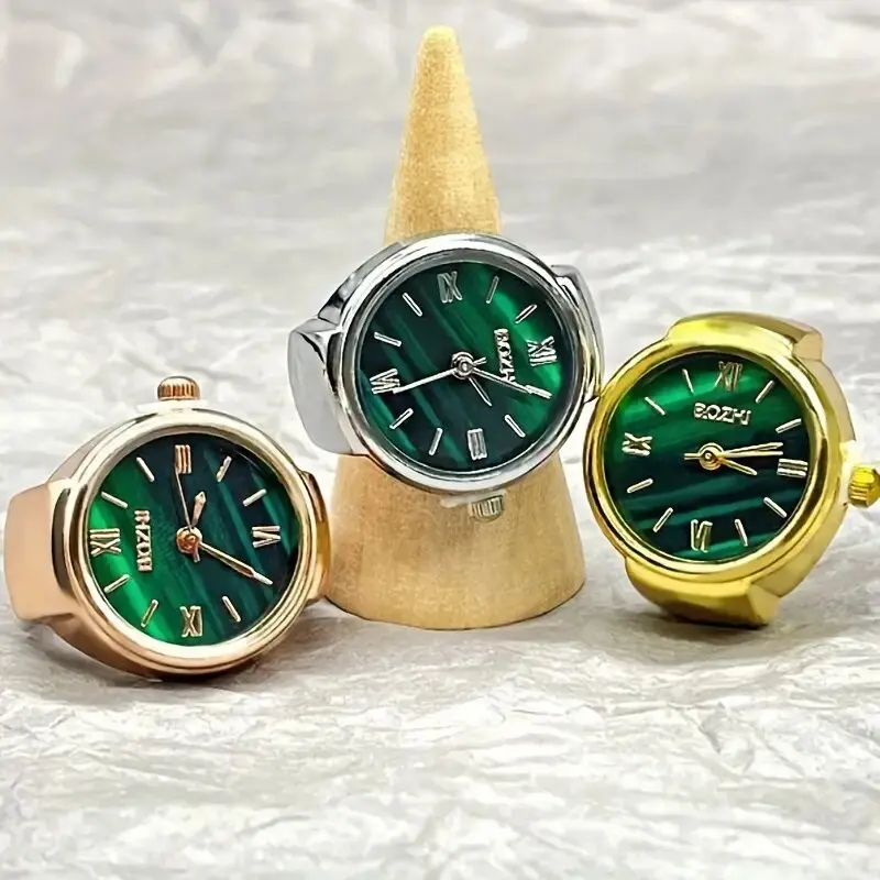New Creative Alloy Shell Finger Round Green Dial Couple Men and Women Ring Watch